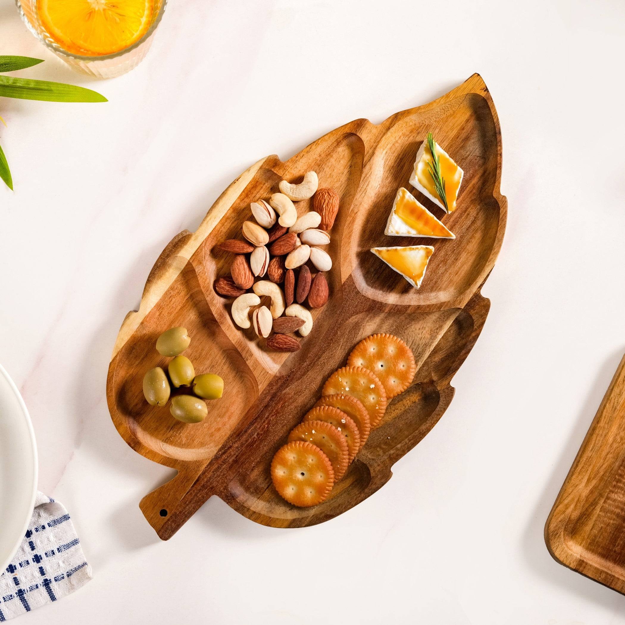Sectioned Leaf Snack Platter Acacia Wood 12 Inch