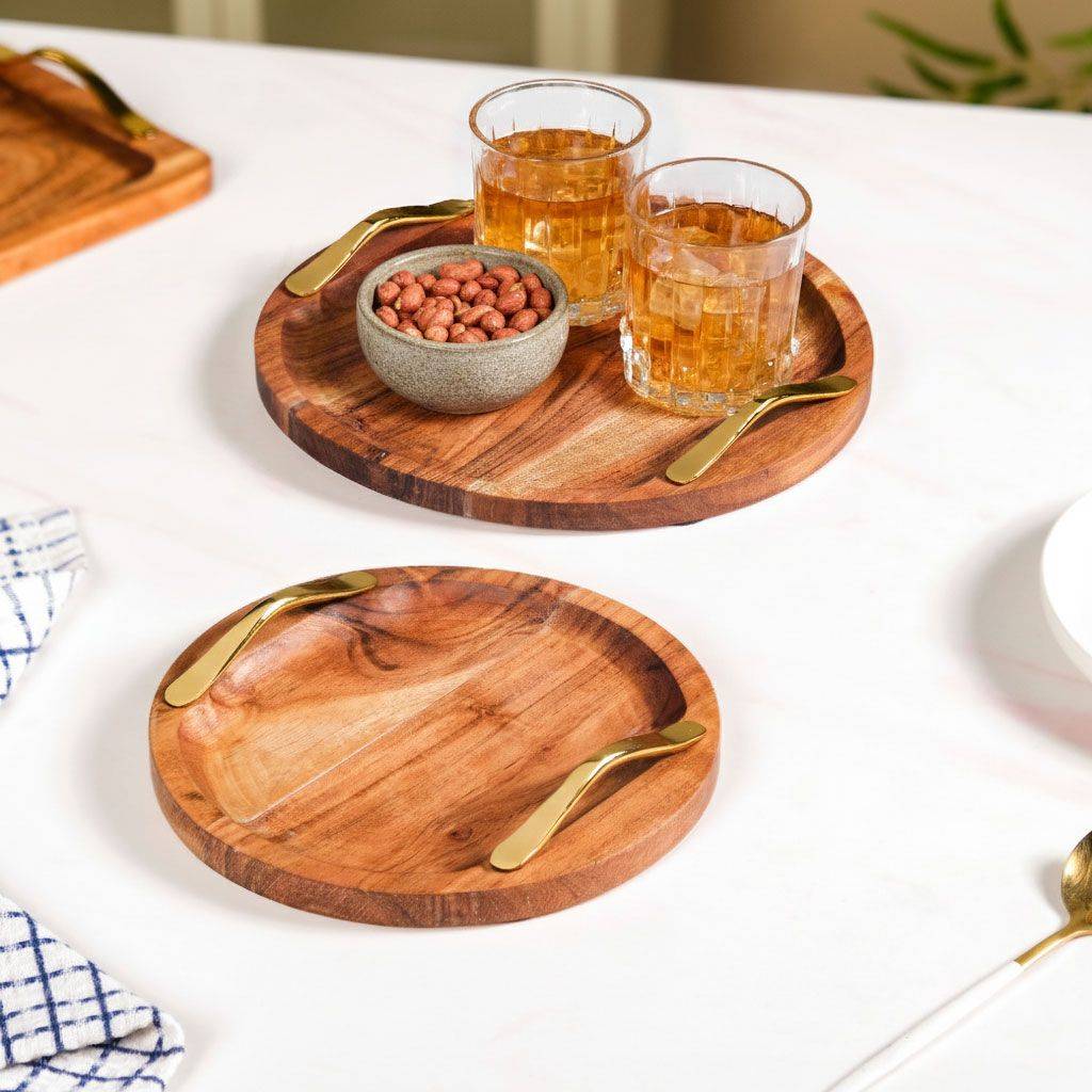Acacia Round Serving Tray With Golden Handles Set Of 2