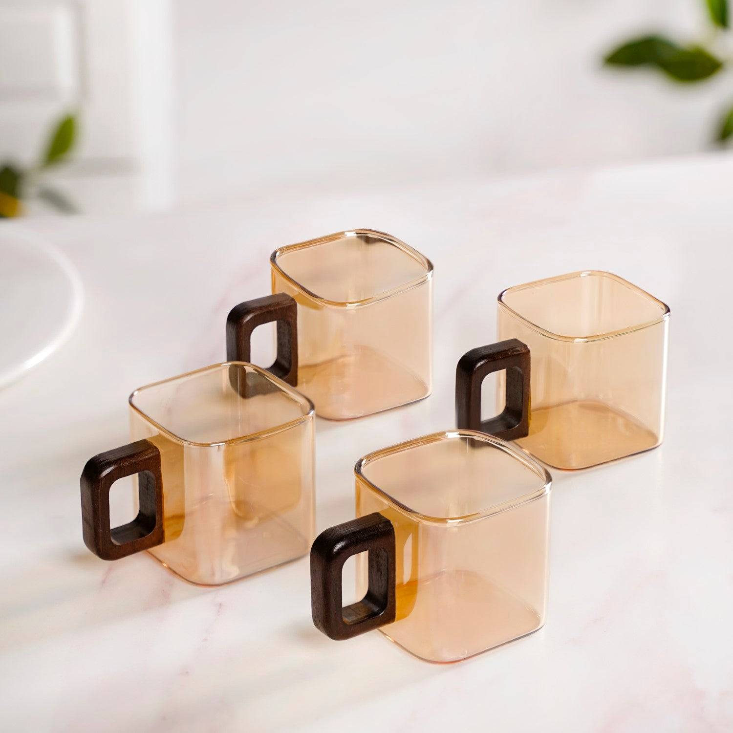 Amber Tinted Square Cups With Wooden Handle Set Of 4 200ml buy only at ₹1295