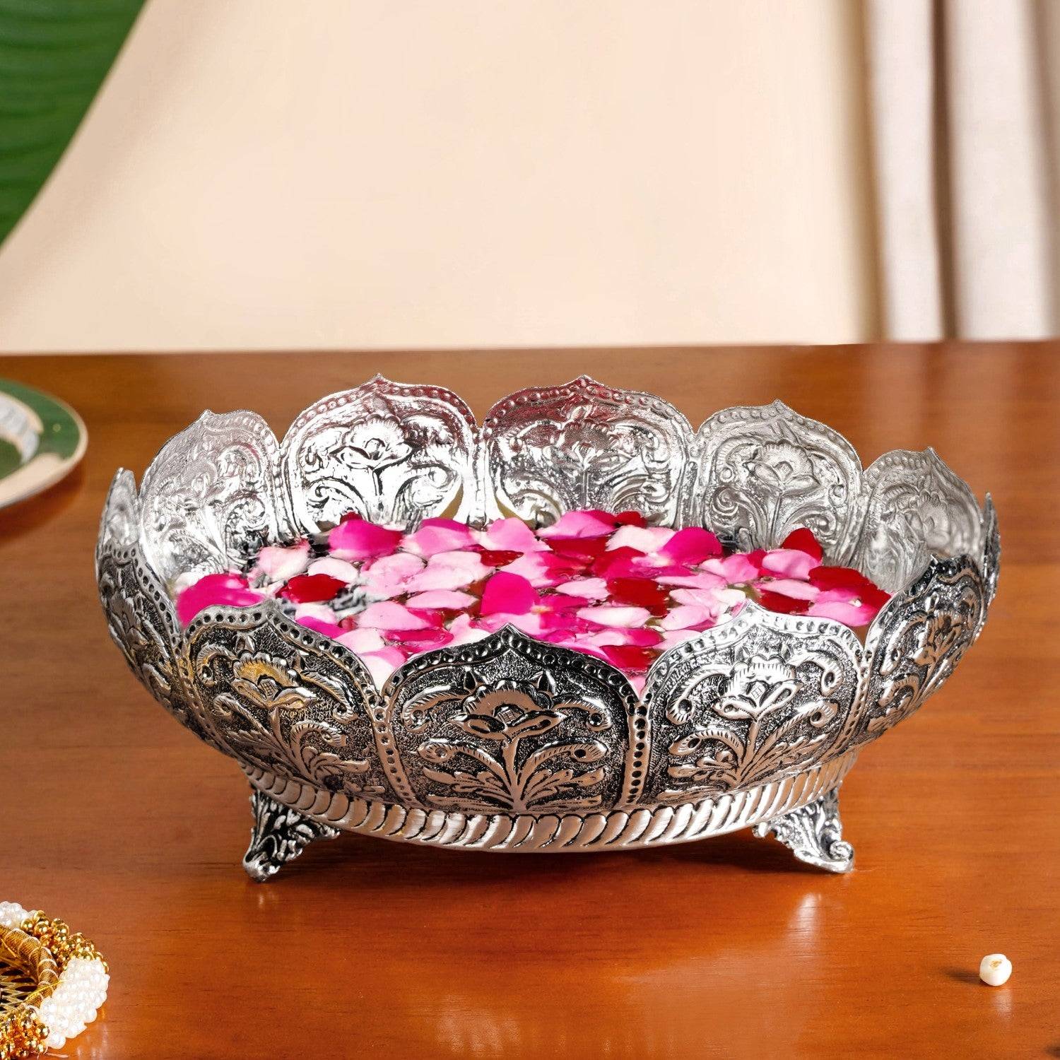 Antique Engraved Pure Brass Urli With Silver Polish 22cm