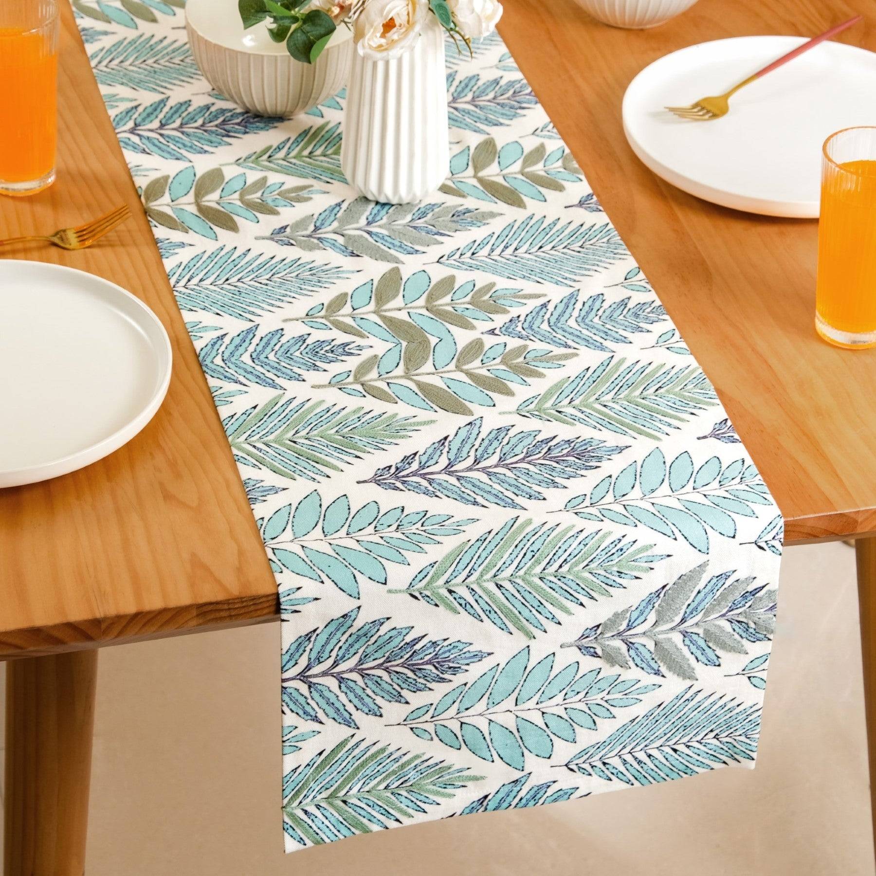 Aqua Fern Embroidered Cotton Table Runner 202x33cm