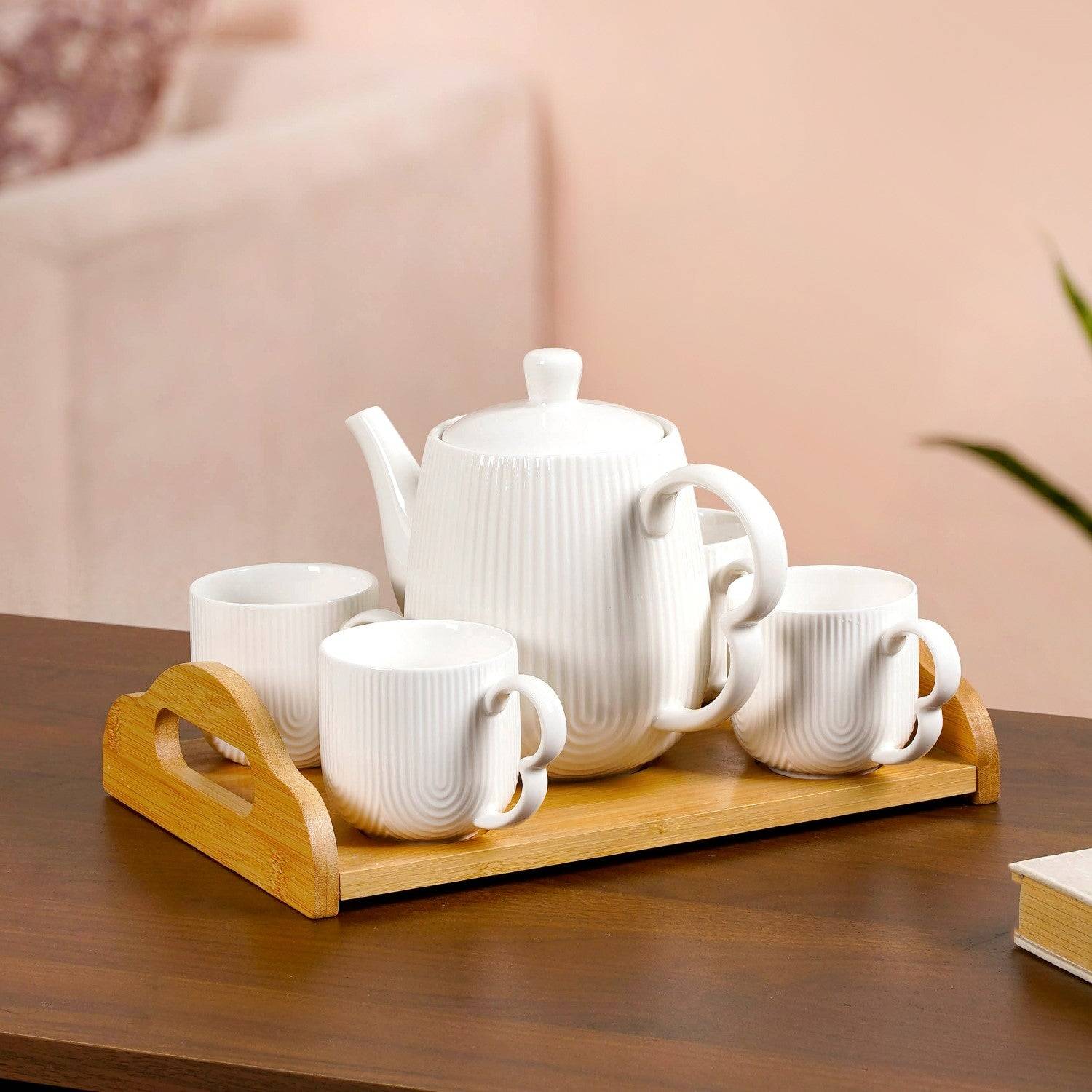 Art Deco Style Ceramic Tea Set With Wooden Serving Tray