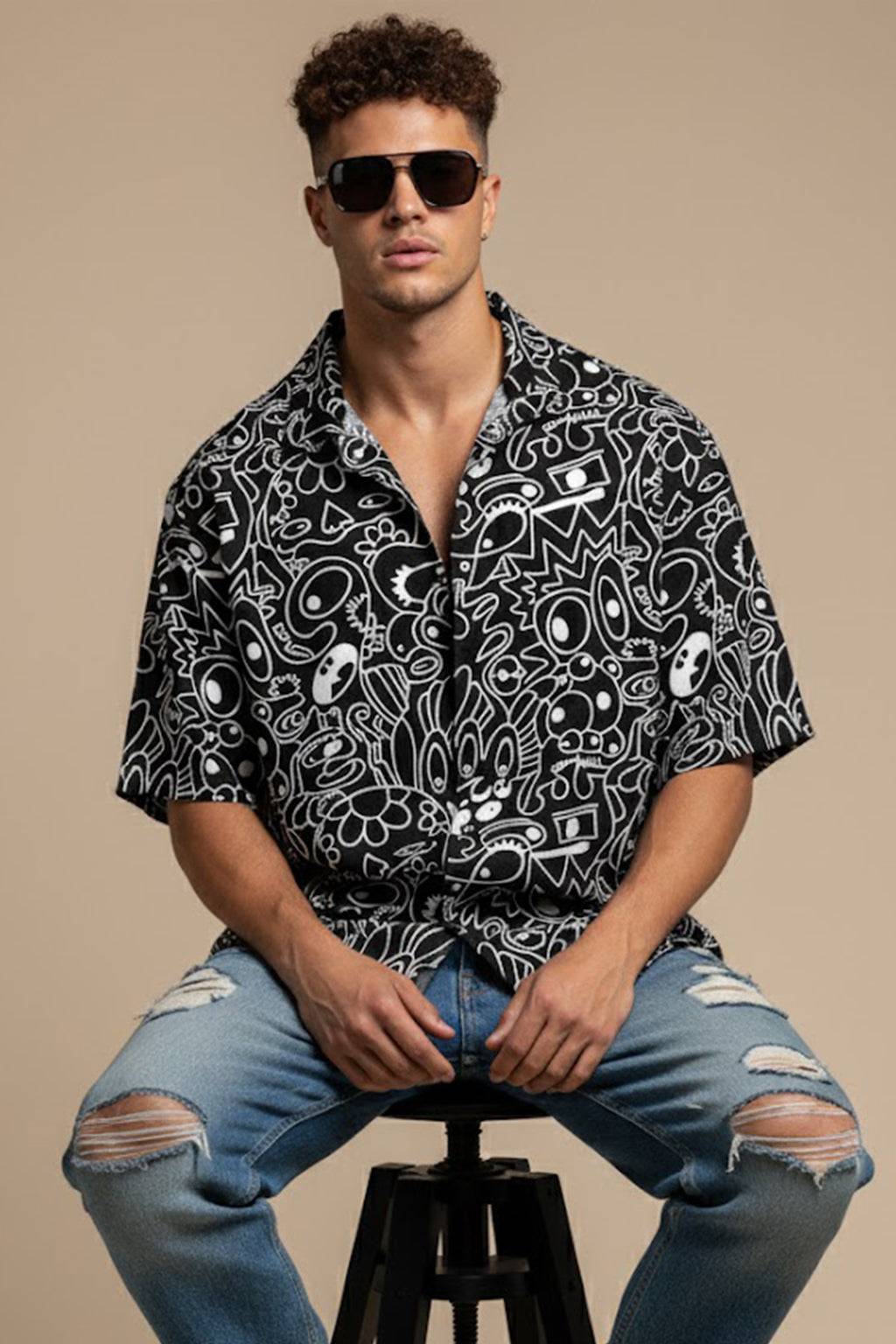 Abstract Maze Black All Over Print Oversized Exclusive Shirt