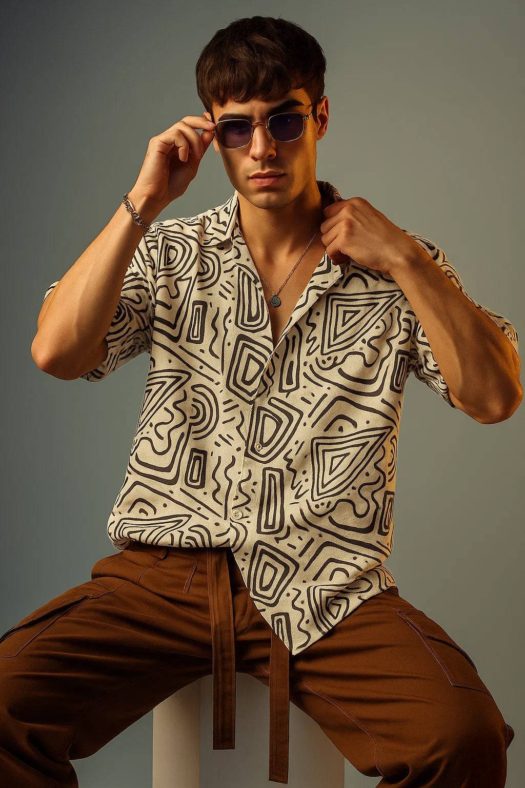 White & Black Camp Collar All Over Print Oversized Exclusive Shirt