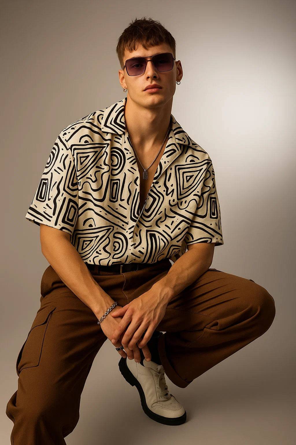 White & Black Camp Collar All Over Print Oversized Exclusive Shirt