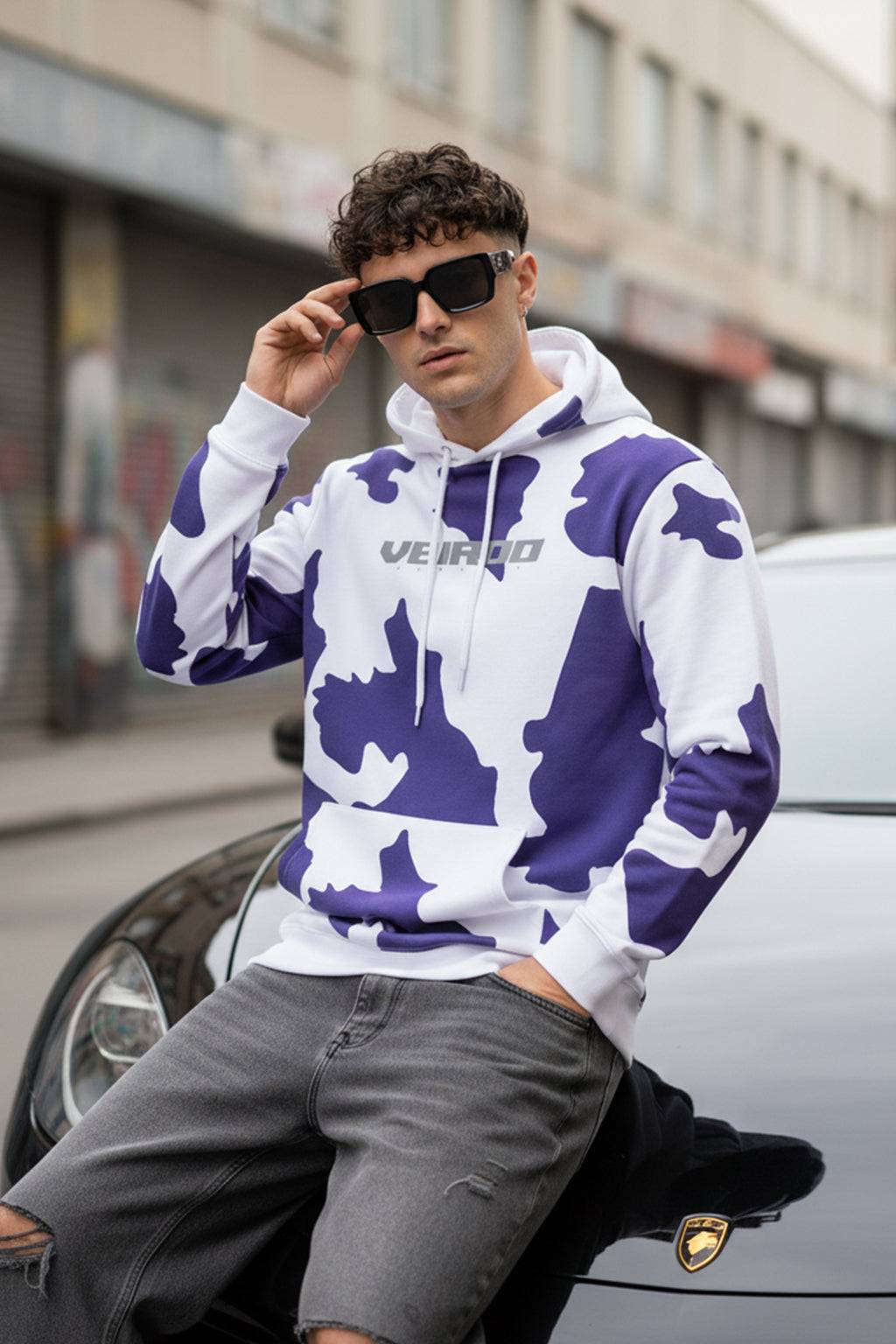 Cow Lilac Regular Fit Graphic Printed Hoodie