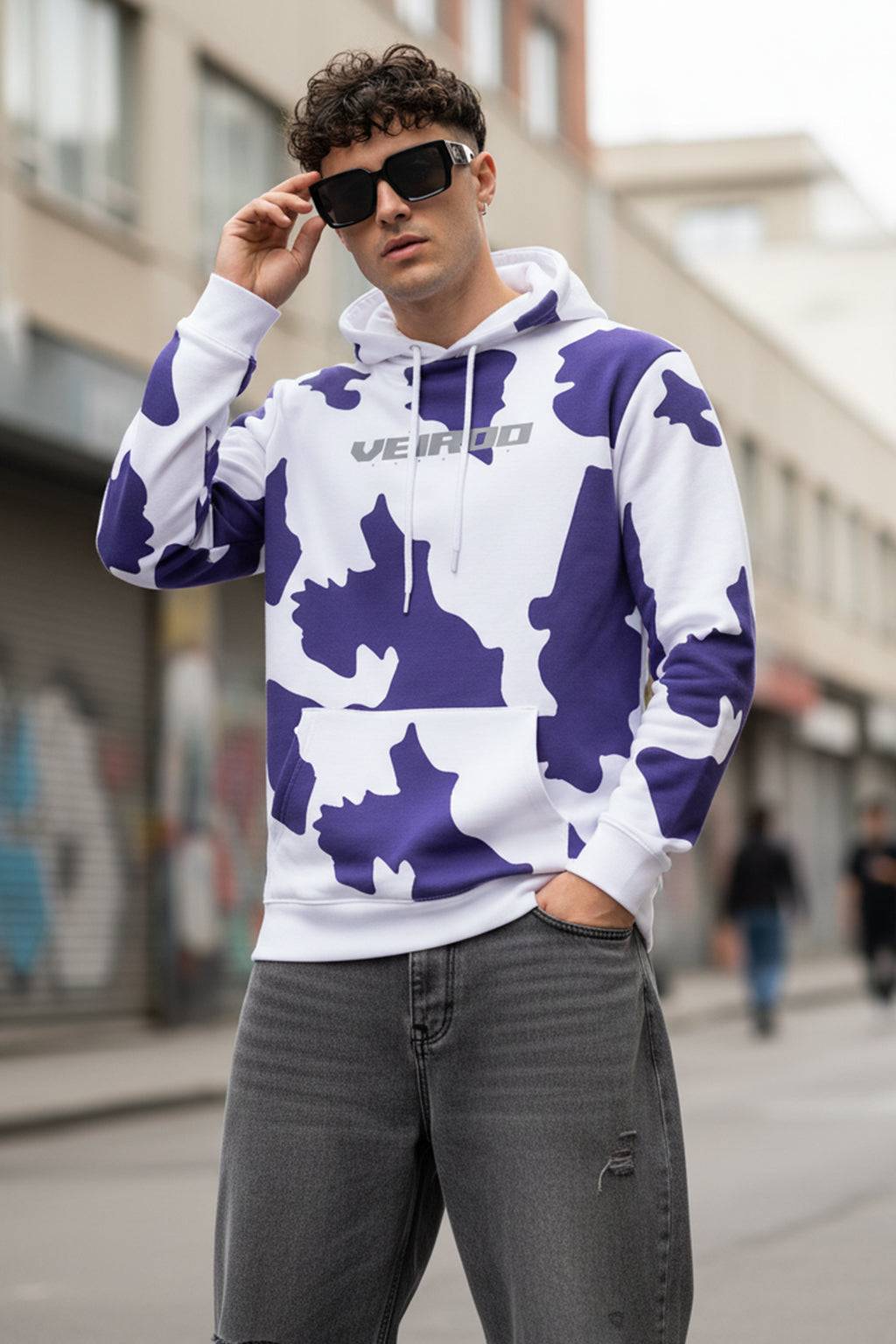 Cow Lilac Regular Fit Graphic Printed Hoodie
