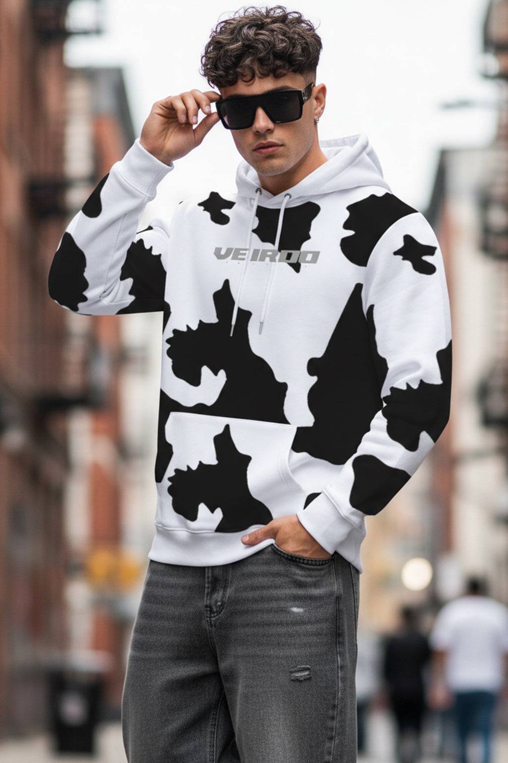 Cow White Regular Fit Graphic Printed Hoodie