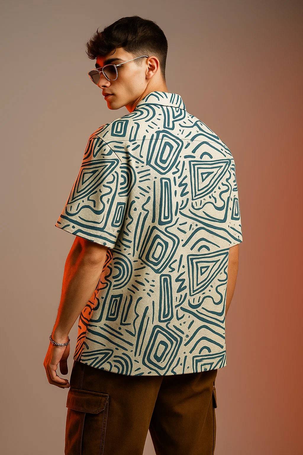 White Blue Camp Collar All Over Print Oversized Exclusive Shirt