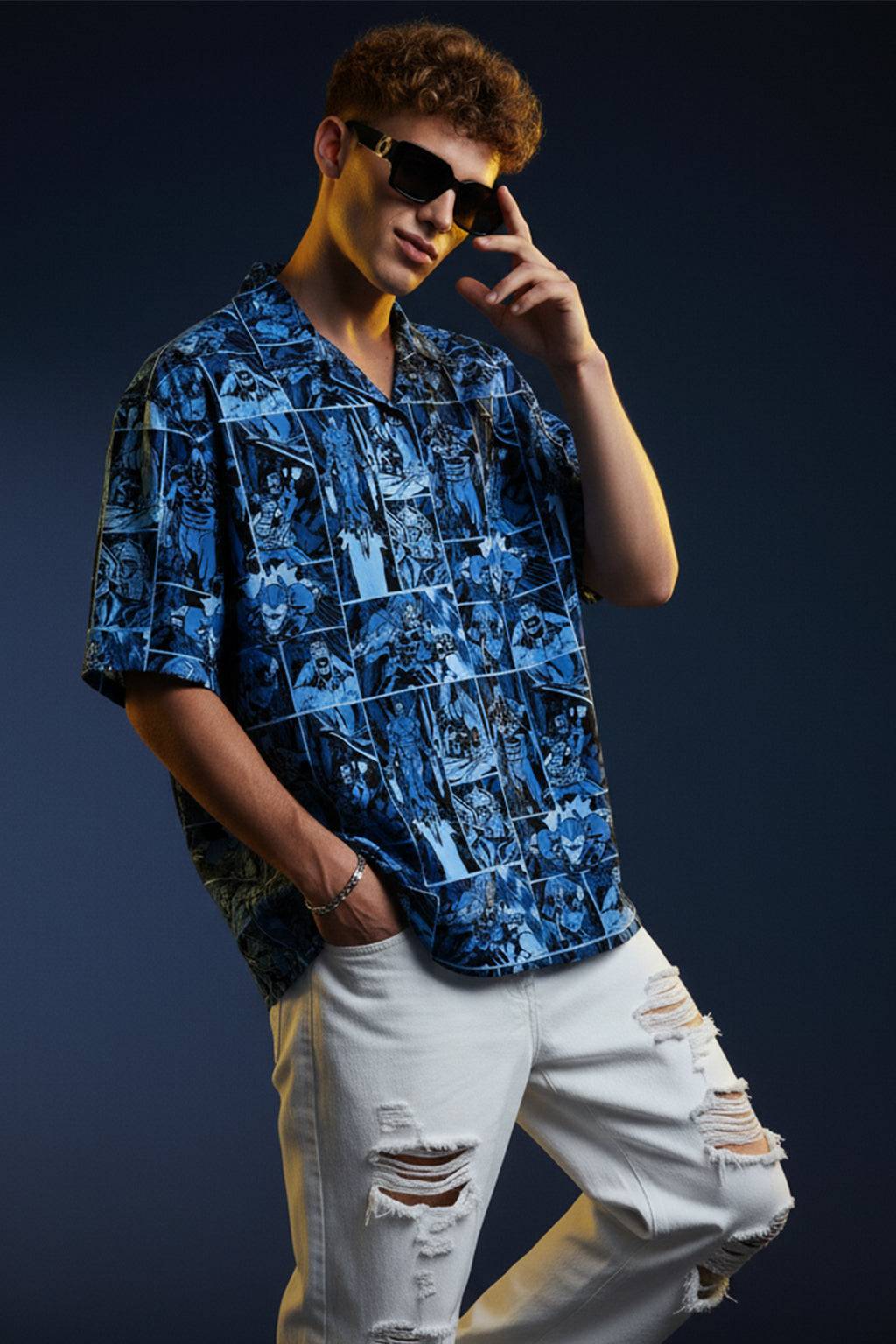 Comic Strip Blue All Over Print Oversized Exclusive Shirt
