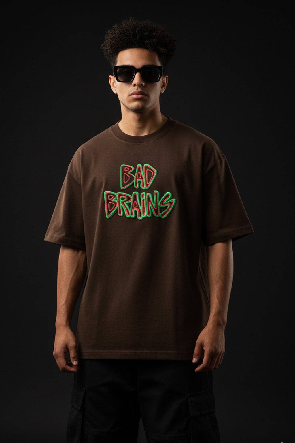 Bad Brains Brown Oversized Puff Printed Exclusive T-shirt