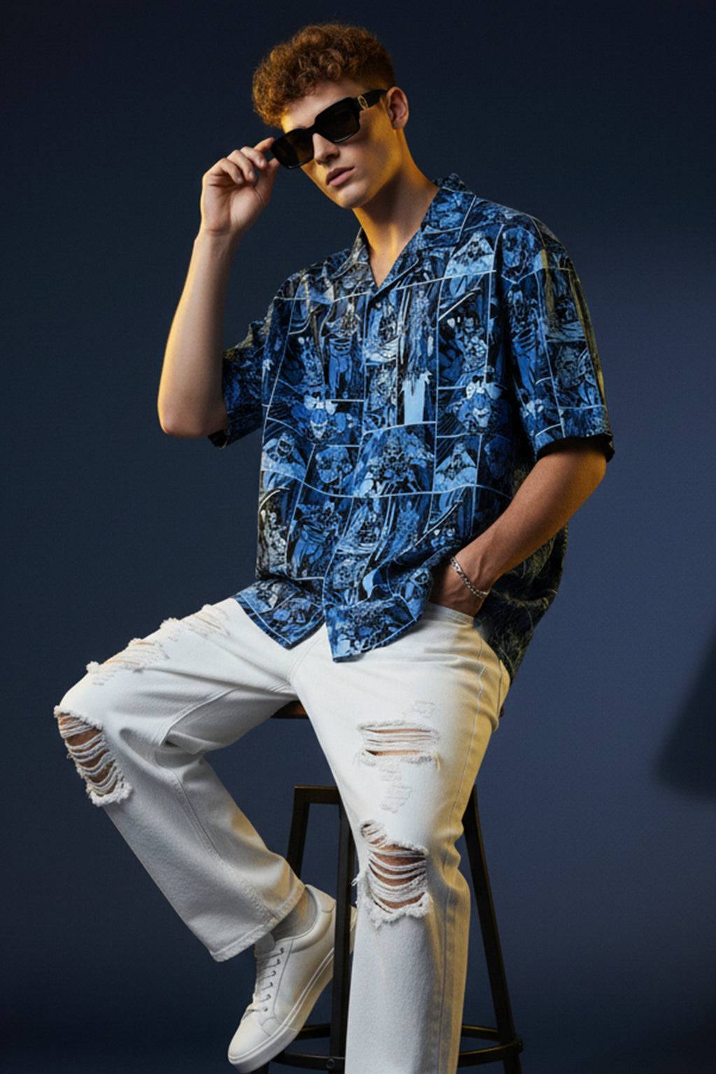 Comic Strip Blue All Over Print Oversized Exclusive Shirt