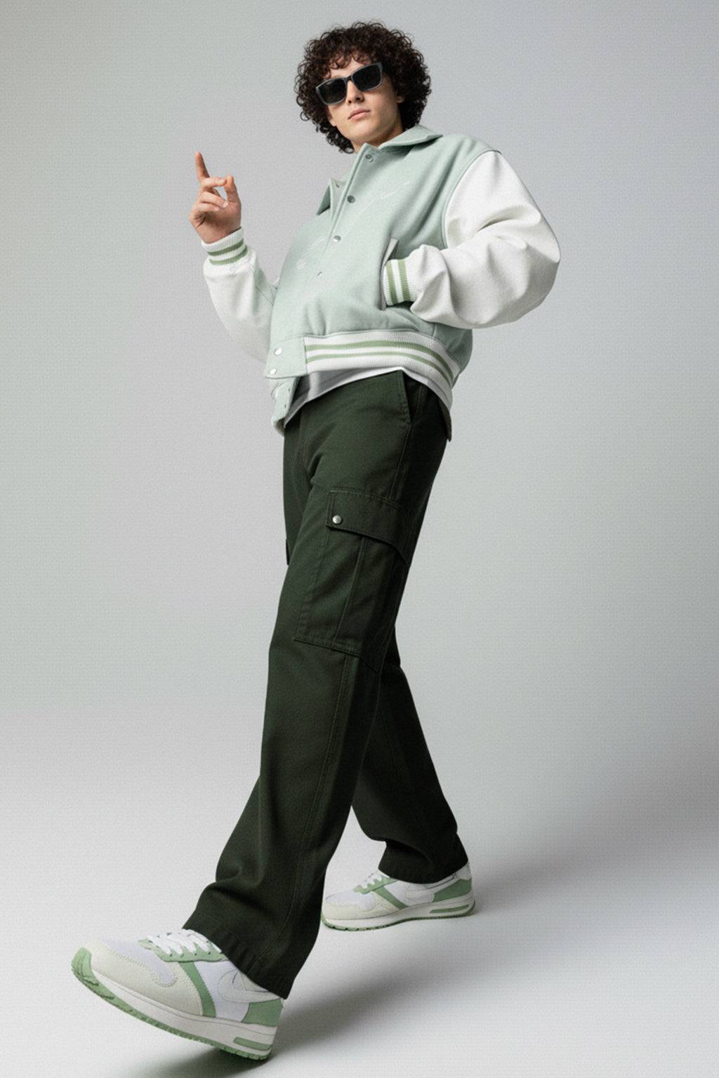 Olive Cut-n-sew Panel Woven Exclusive Cargo Pants with Rivets & Turn-up Hem