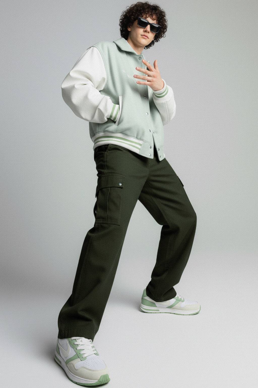 Olive Cut-n-sew Panel Woven Exclusive Cargo Pants with Rivets & Turn-up Hem