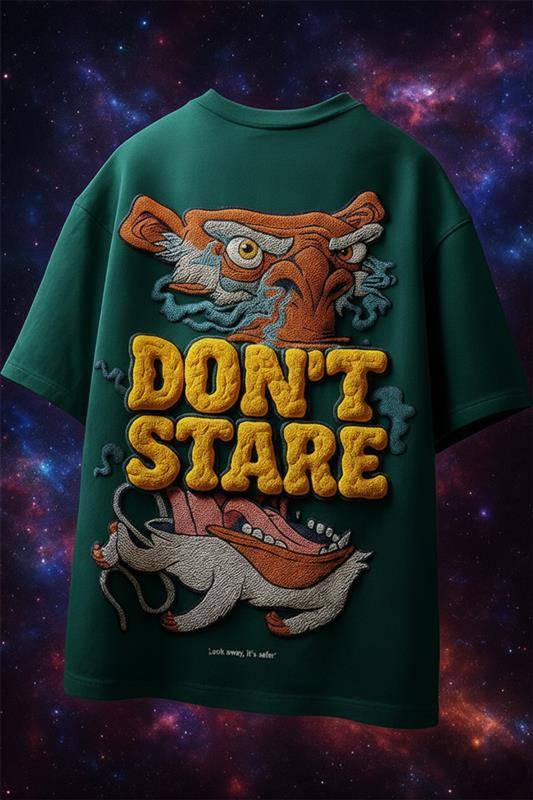 Don't Stare Green Oversized Puff Printed Exclusive T-shirt