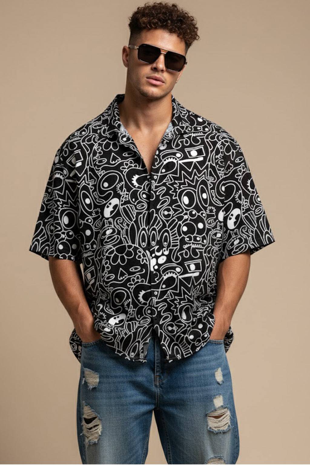 Abstract Maze Black All Over Print Oversized Exclusive Shirt
