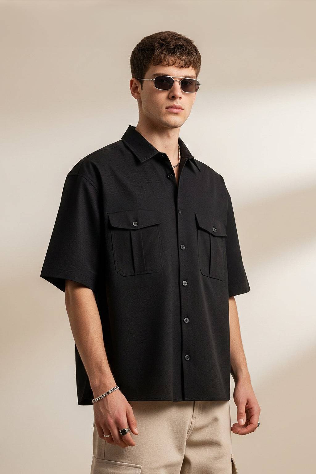 Black Oversized Half Sleeve Dual Pocket Utility Exclusive Shirt