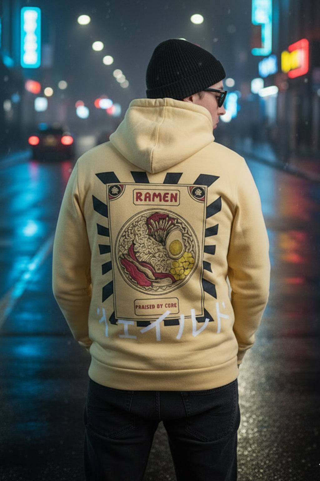 Ramen Beige Regular Fit Back Printed Hoodie