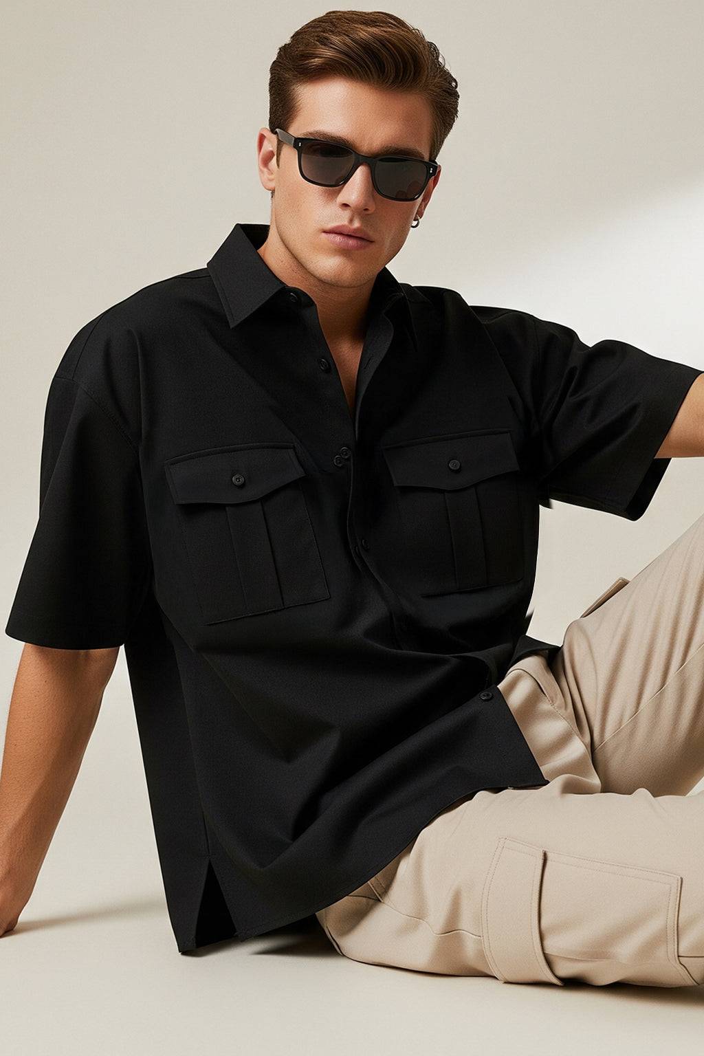 Black Oversized Half Sleeve Dual Pocket Utility Exclusive Shirt