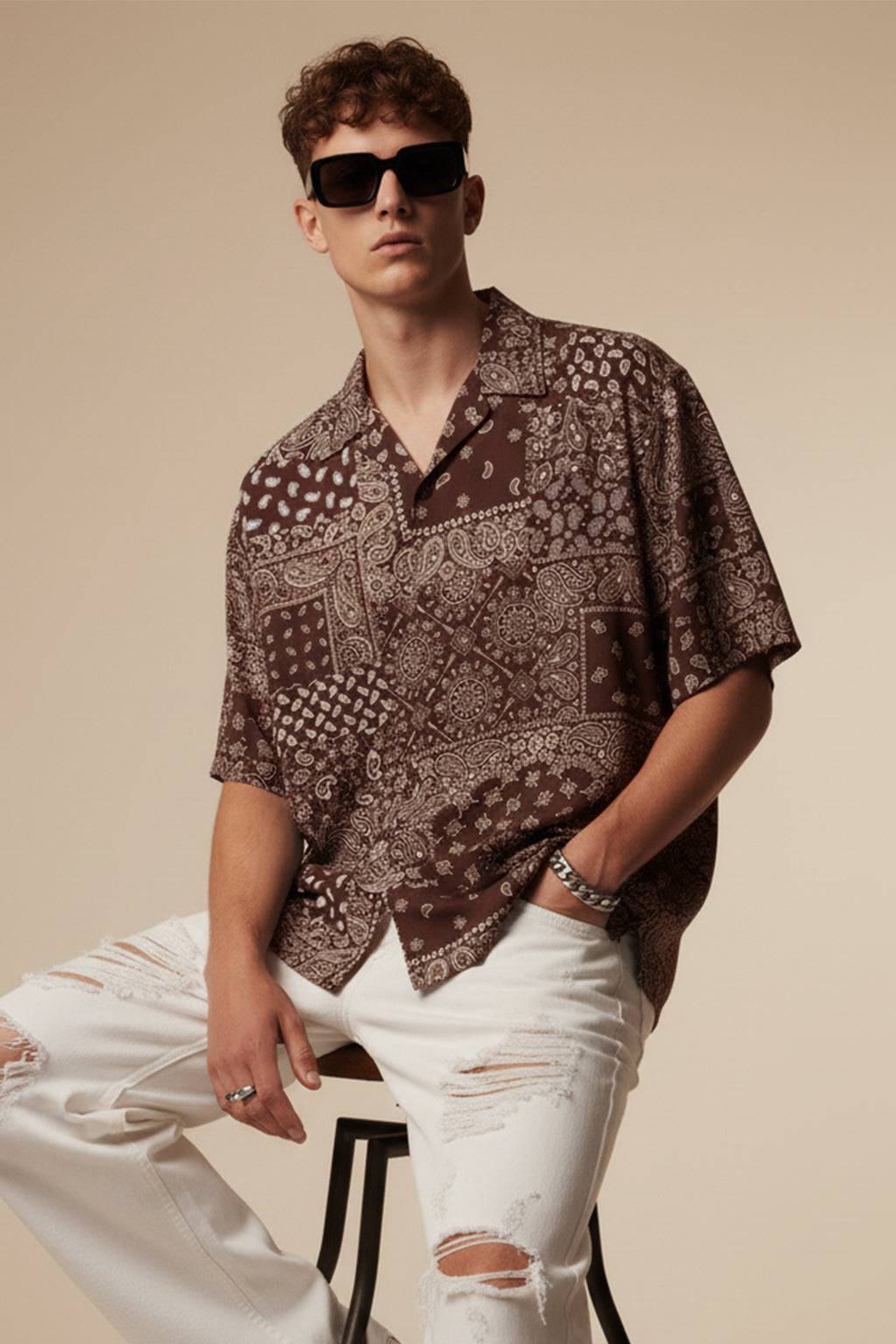 Monochrome Mosaic Brown All Over Print Oversized Exclusive Shirt