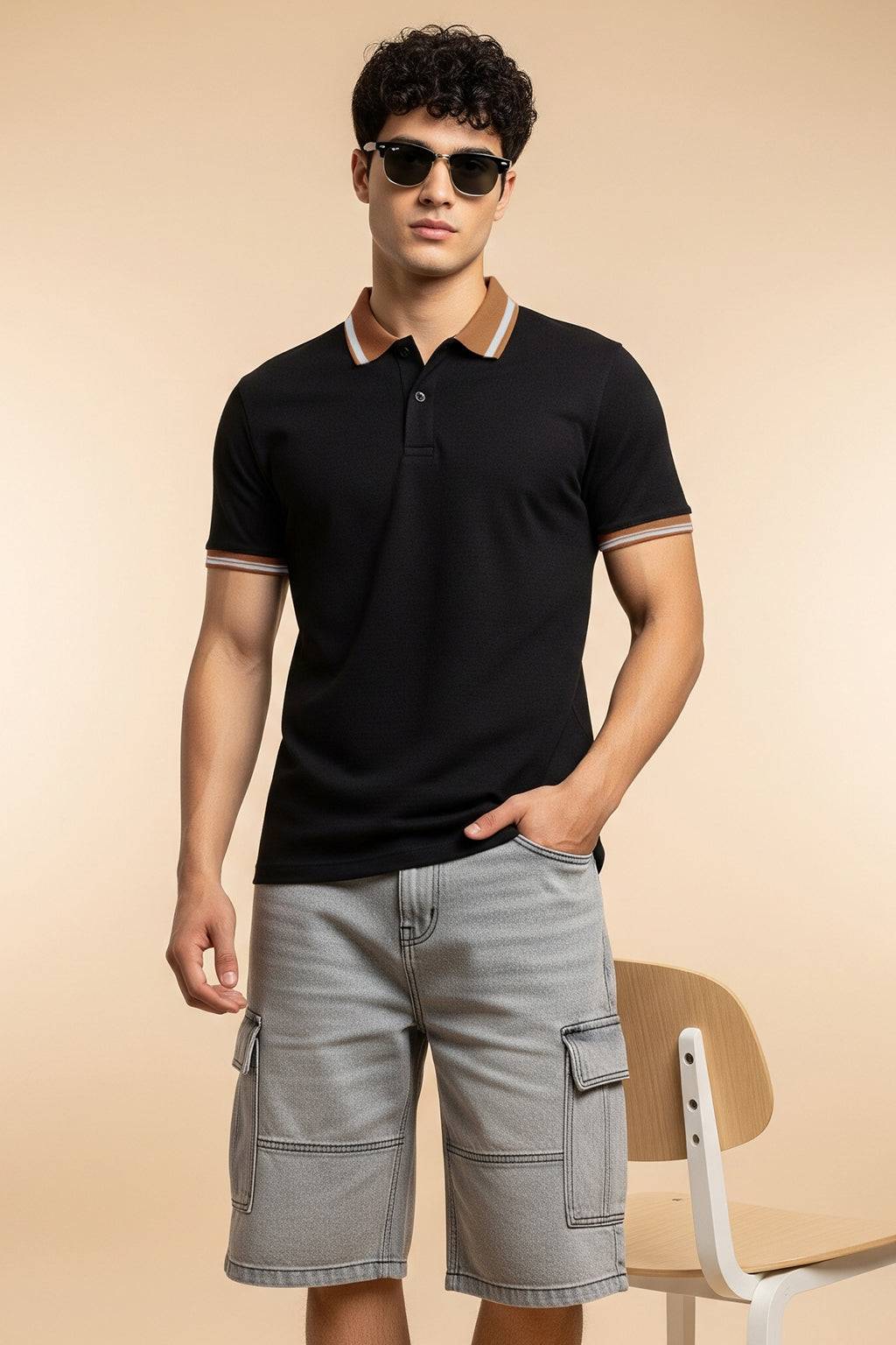 Black Brown Plain Regular Slim Fit Polo T-shirt