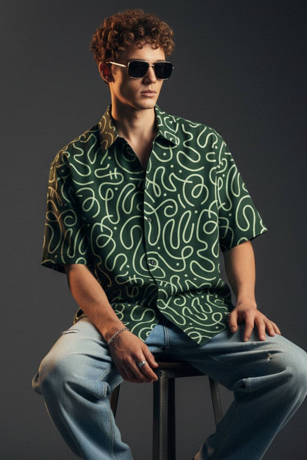 Abstract Maze Green All Over Print Oversized Exclusive Shirt