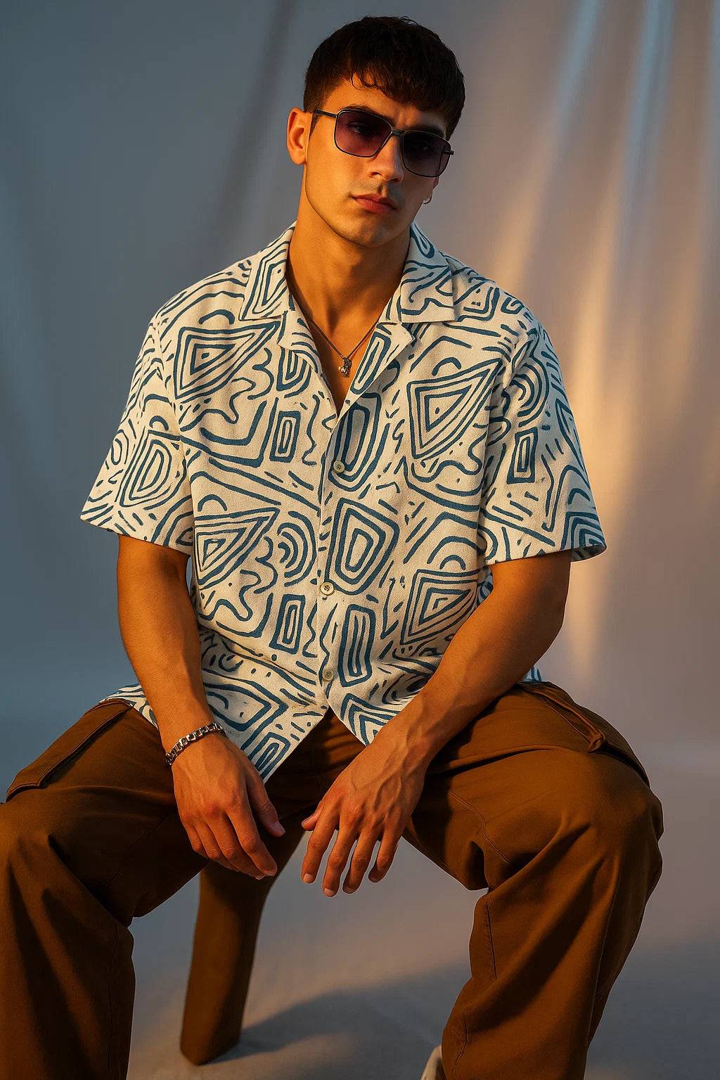 White Blue Camp Collar All Over Print Oversized Exclusive Shirt