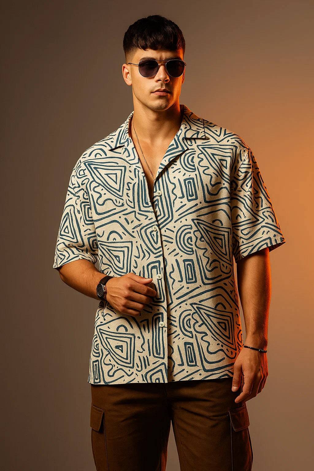 White Blue Camp Collar All Over Print Oversized Exclusive Shirt