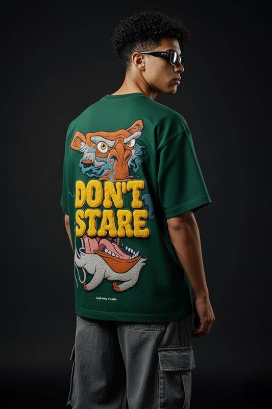 Don't Stare Green Oversized Puff Printed Exclusive T-shirt