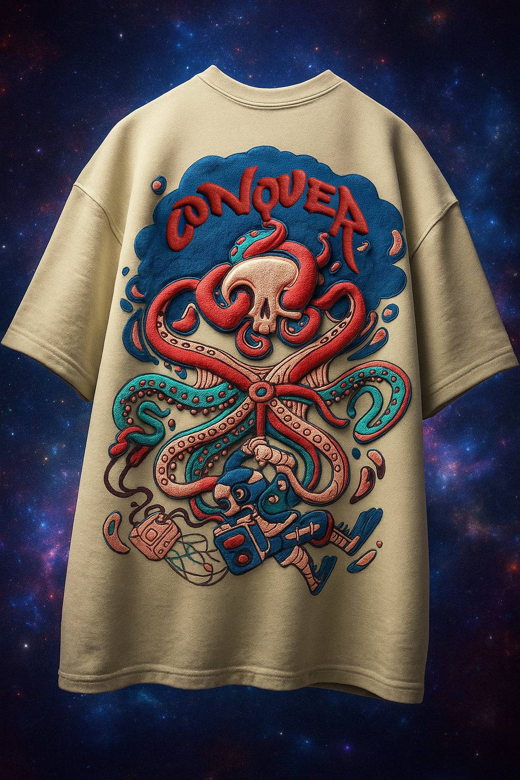 Conquer SwanWhite Oversized Puff Printed Exclusive T-shirt