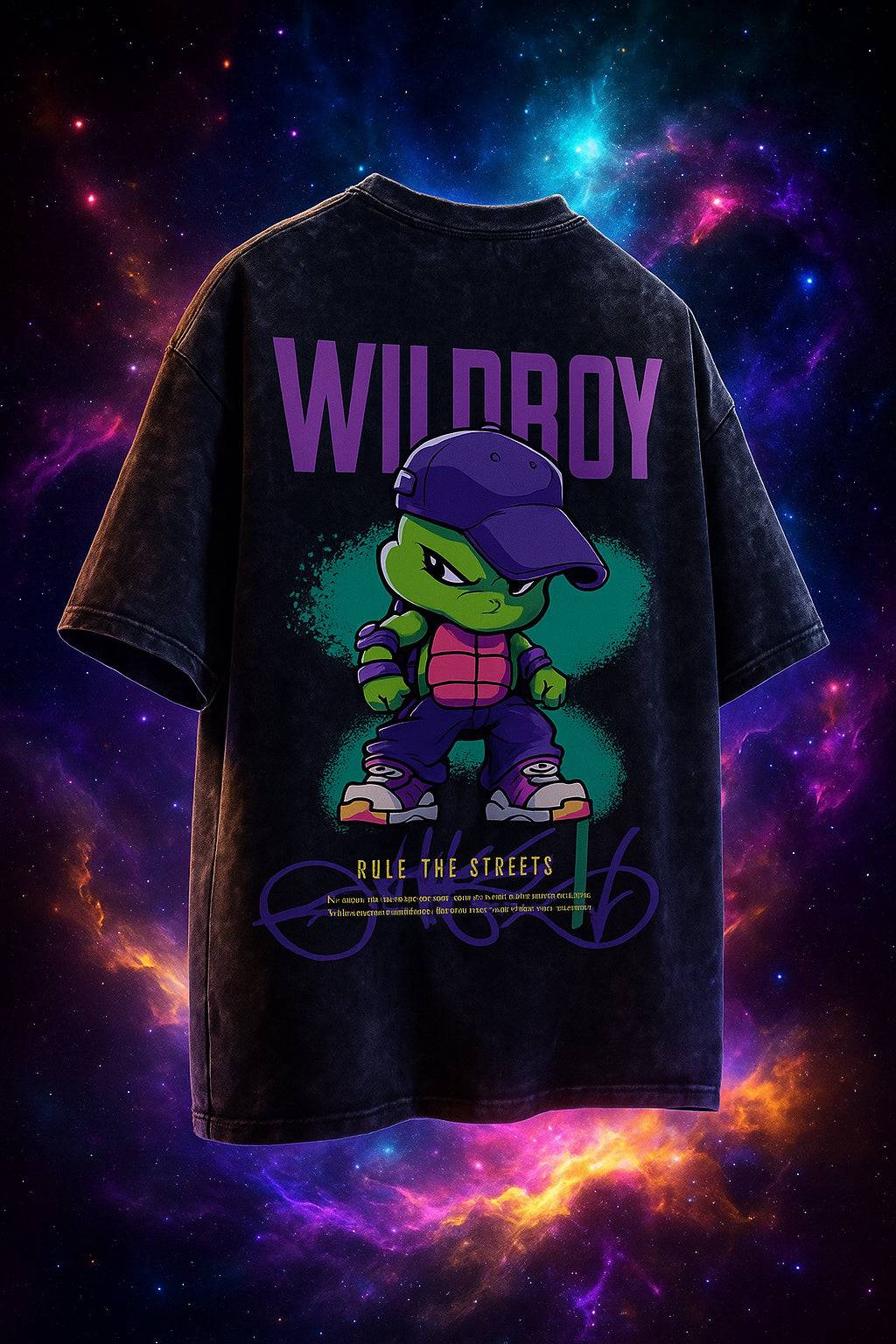 Wild Boy Black Oversized Acid Washed Graphic Back Printed Exclusive T-shirt