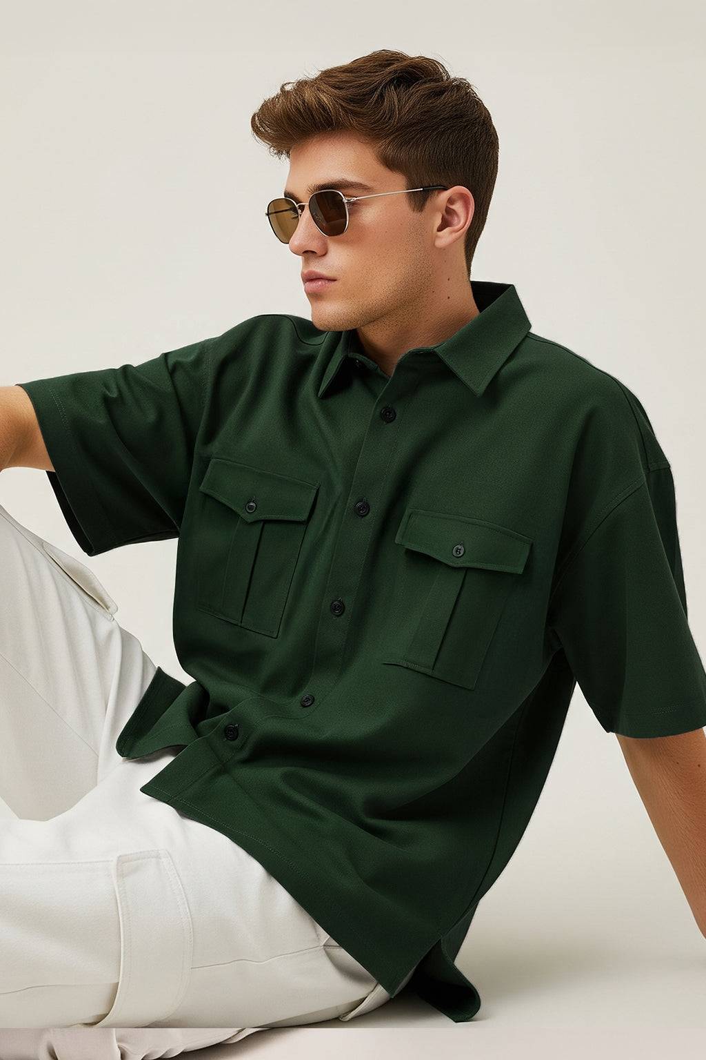 Green Oversized Half Sleeve Dual Pocket Utility Exclusive Shirt