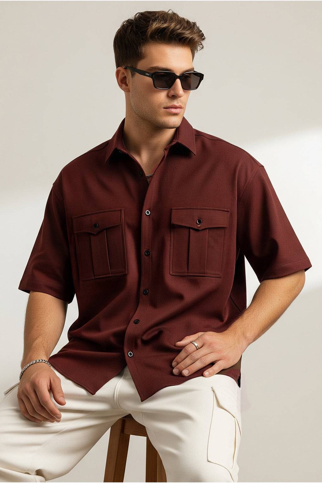 Brown Oversized Half Sleeve Dual Pocket Utility Exclusive Shirt