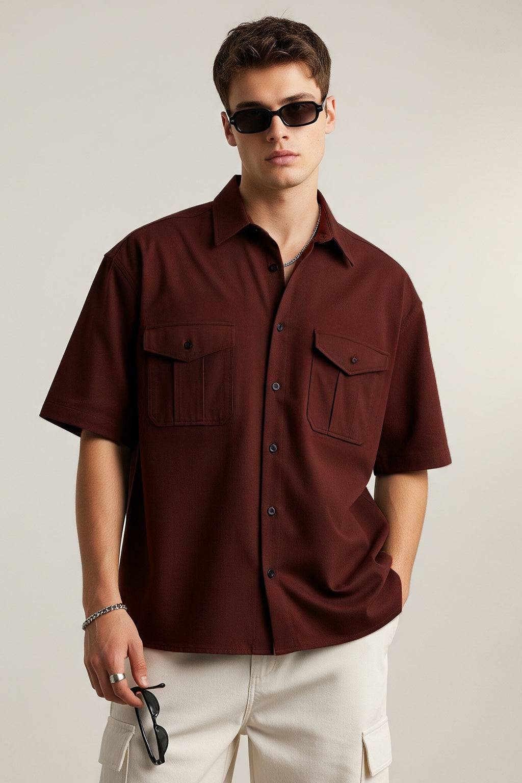 Brown Oversized Half Sleeve Dual Pocket Utility Exclusive Shirt