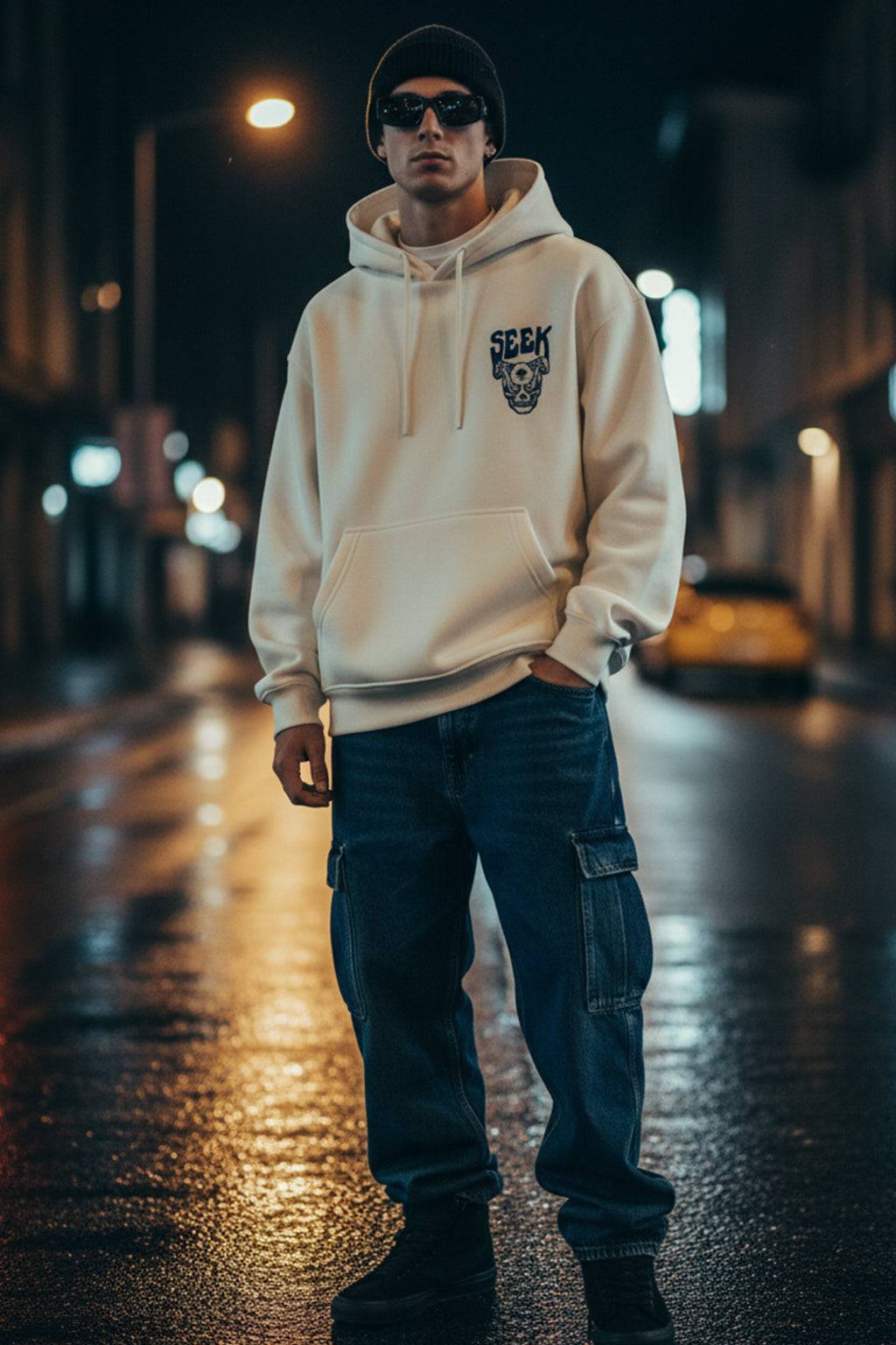 Seek Beige Oversized Pocket Graphic Printed Hoodie