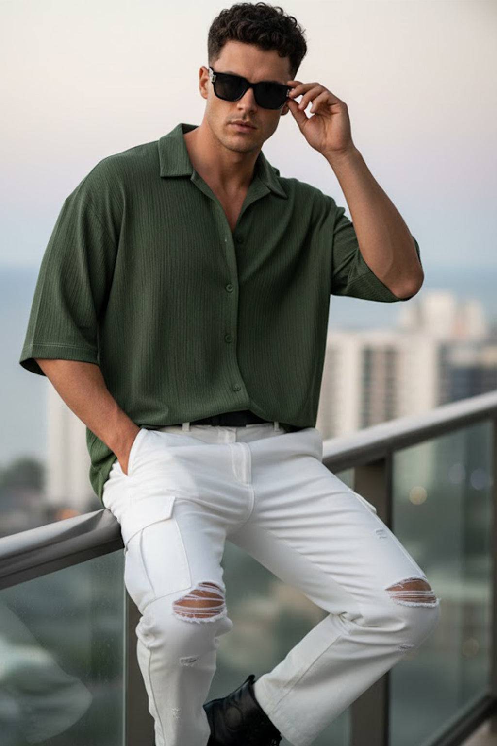 Olive Textured Plain Oversized Exclusive Shirt