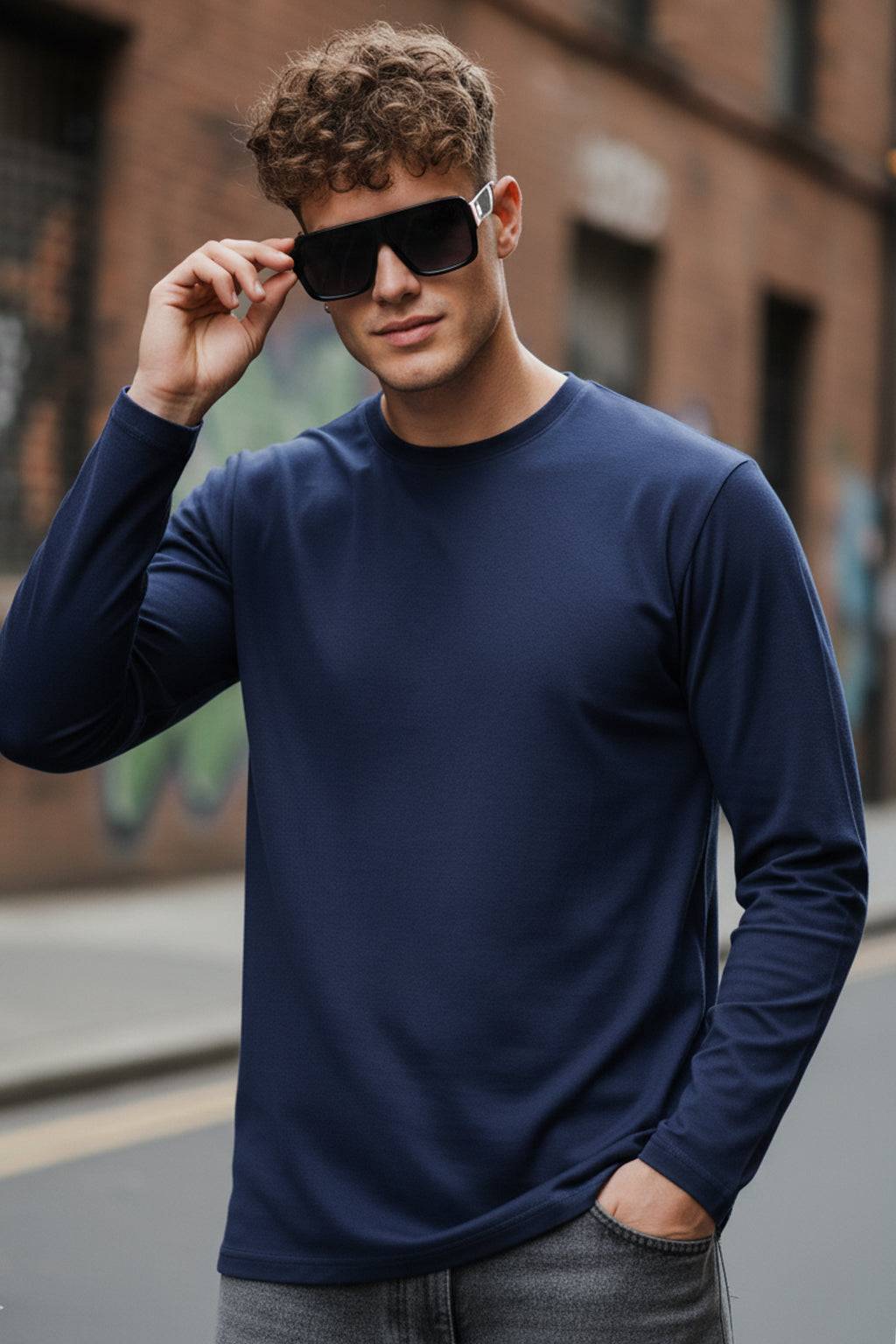 Navy Blue Plain Full Sleeves Regular Fit T-shirt