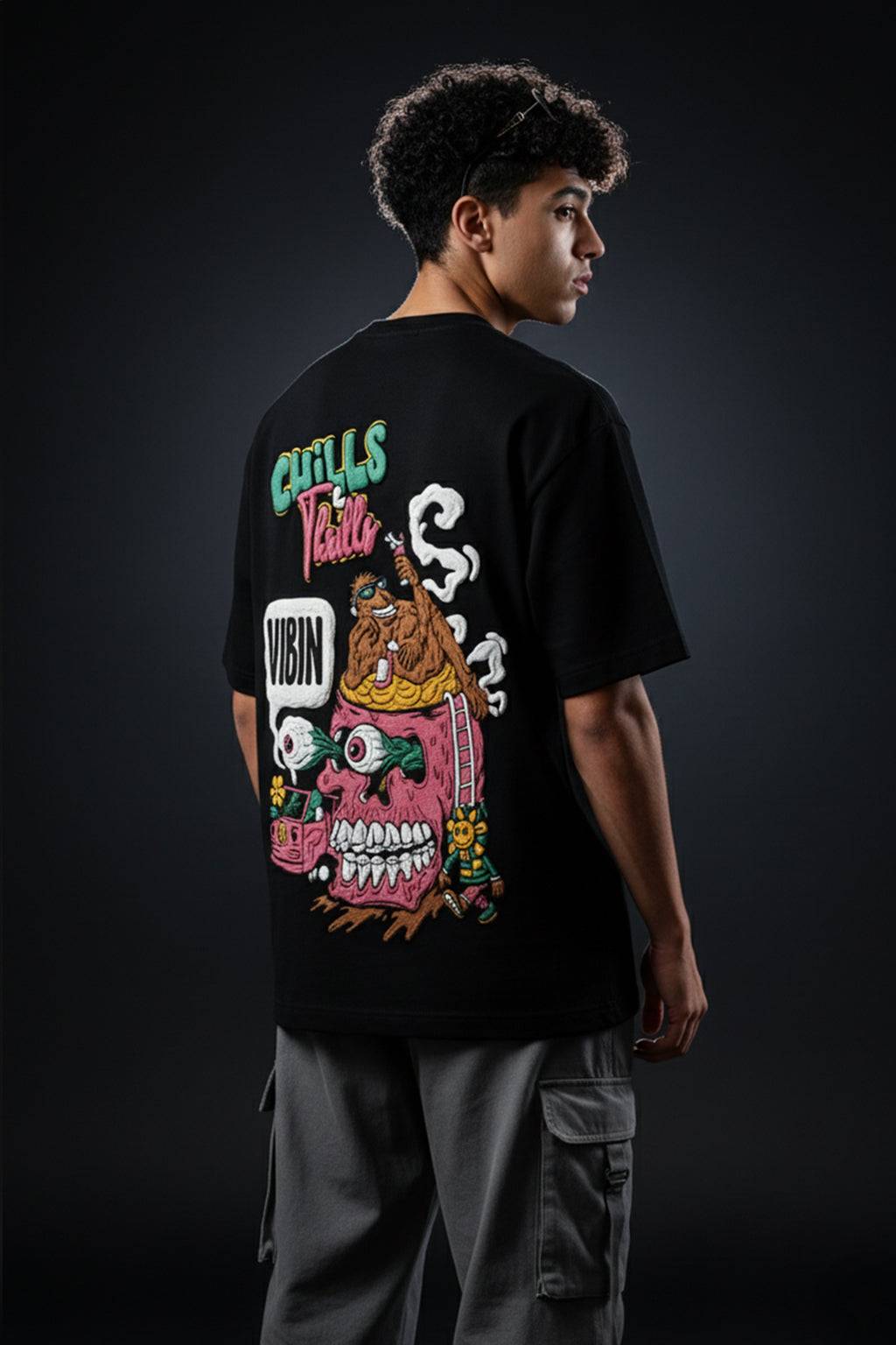 Chill Thrills Navy Oversized Puff Printed Exclusive T-shirt