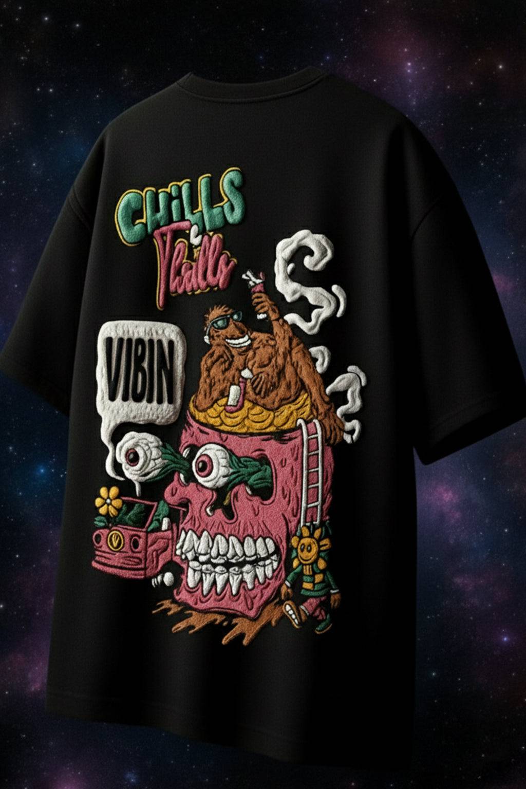 Chill Thrills Navy Oversized Puff Printed Exclusive T-shirt