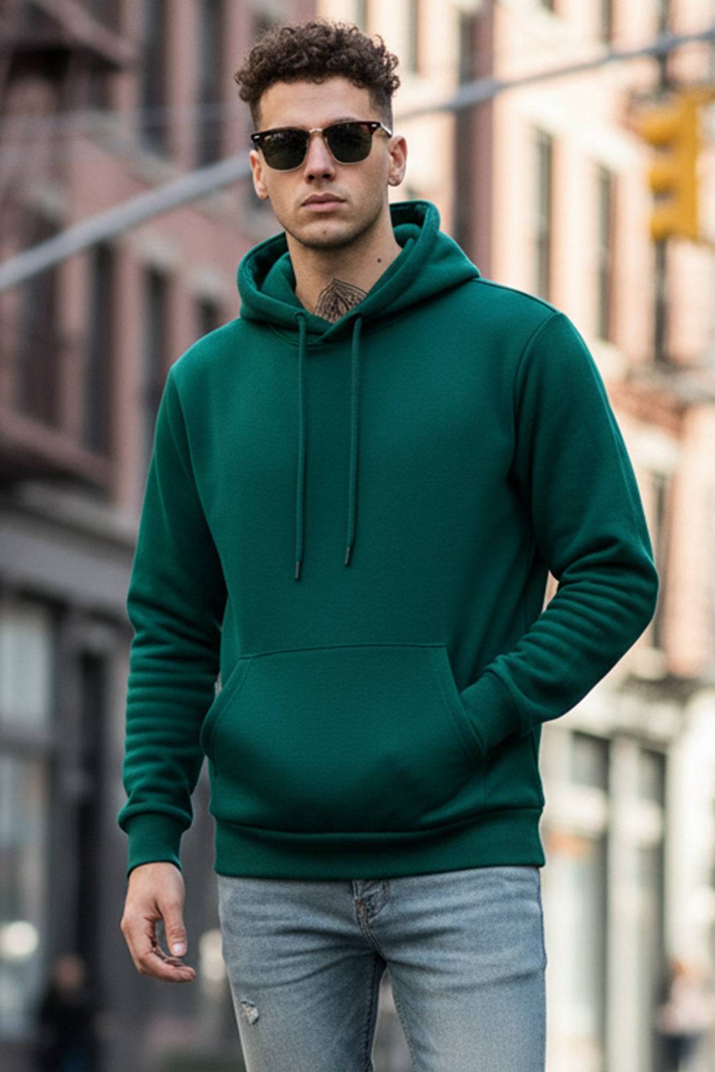 Dark Green Plain Regular Fit Hoodie