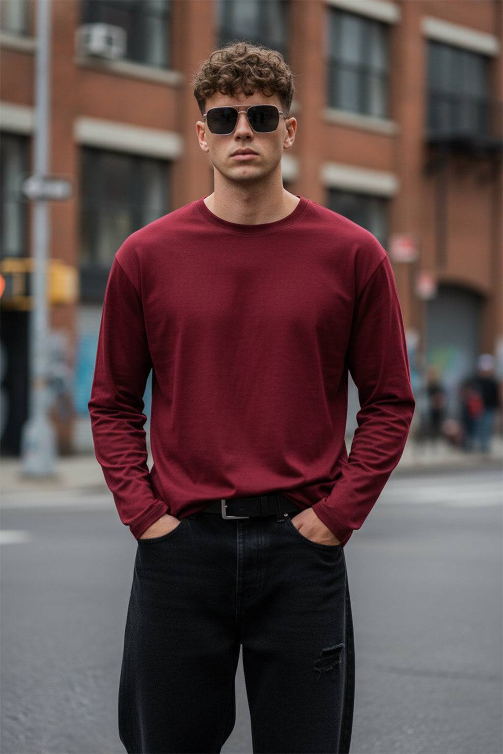Maroon Plain Full Sleeves Regular Fit T-shirt