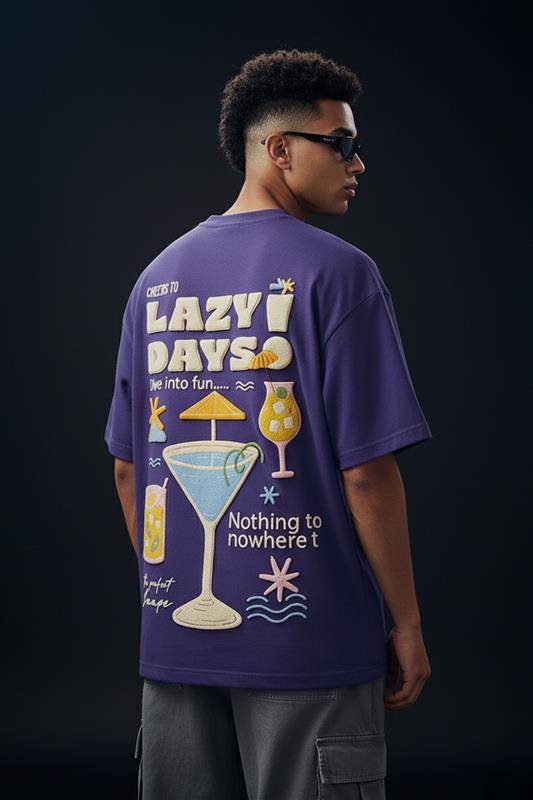 Lazy Days Skipper Blue Oversized Puff Printed Exclusive T-shirt