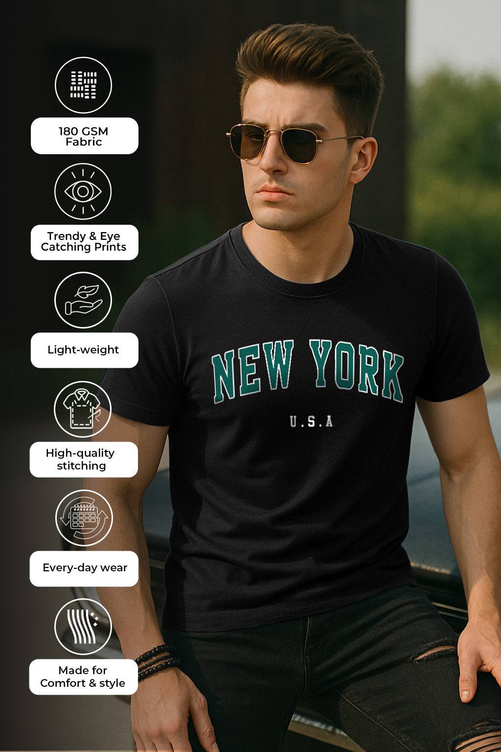 New York Black Regular Fit Printed T-shirt