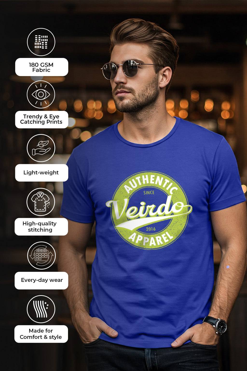 Veirdo Authentic Royal Blue Regular Fit Printed T-shirt