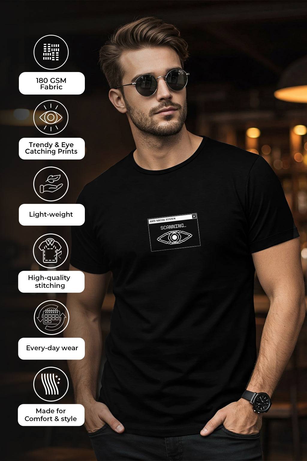 Scanning Black Regular Fit Printed T-shirt