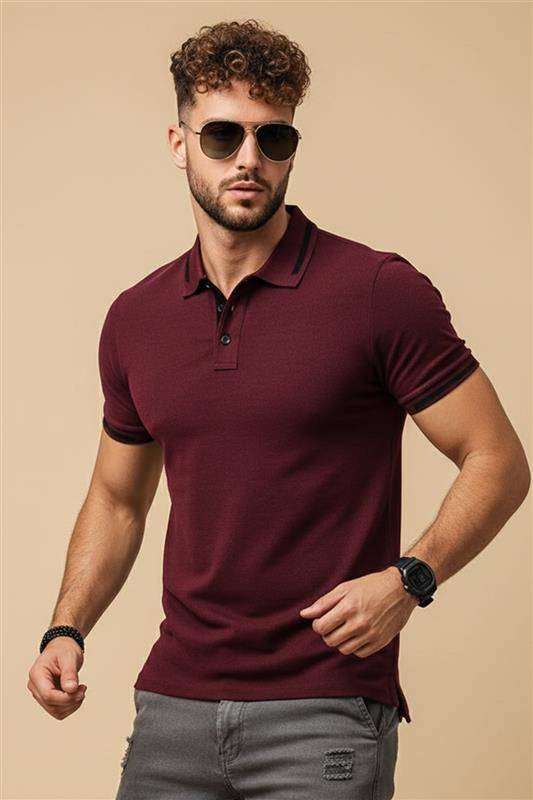 Maroon Pique Stripe Collar Regular Fit Tipping Polo T-shirt