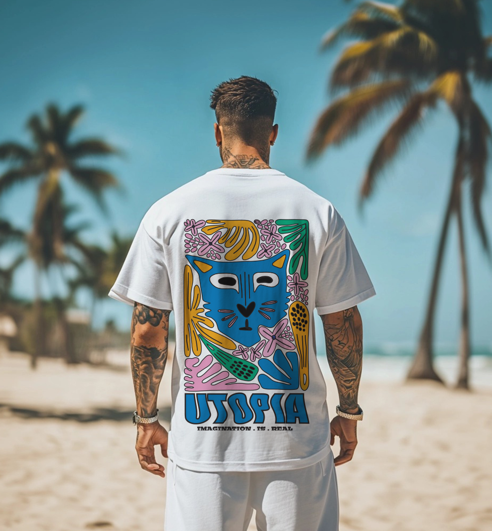 UTOPIA White Oversized Graphic Back Printed T-shirt
