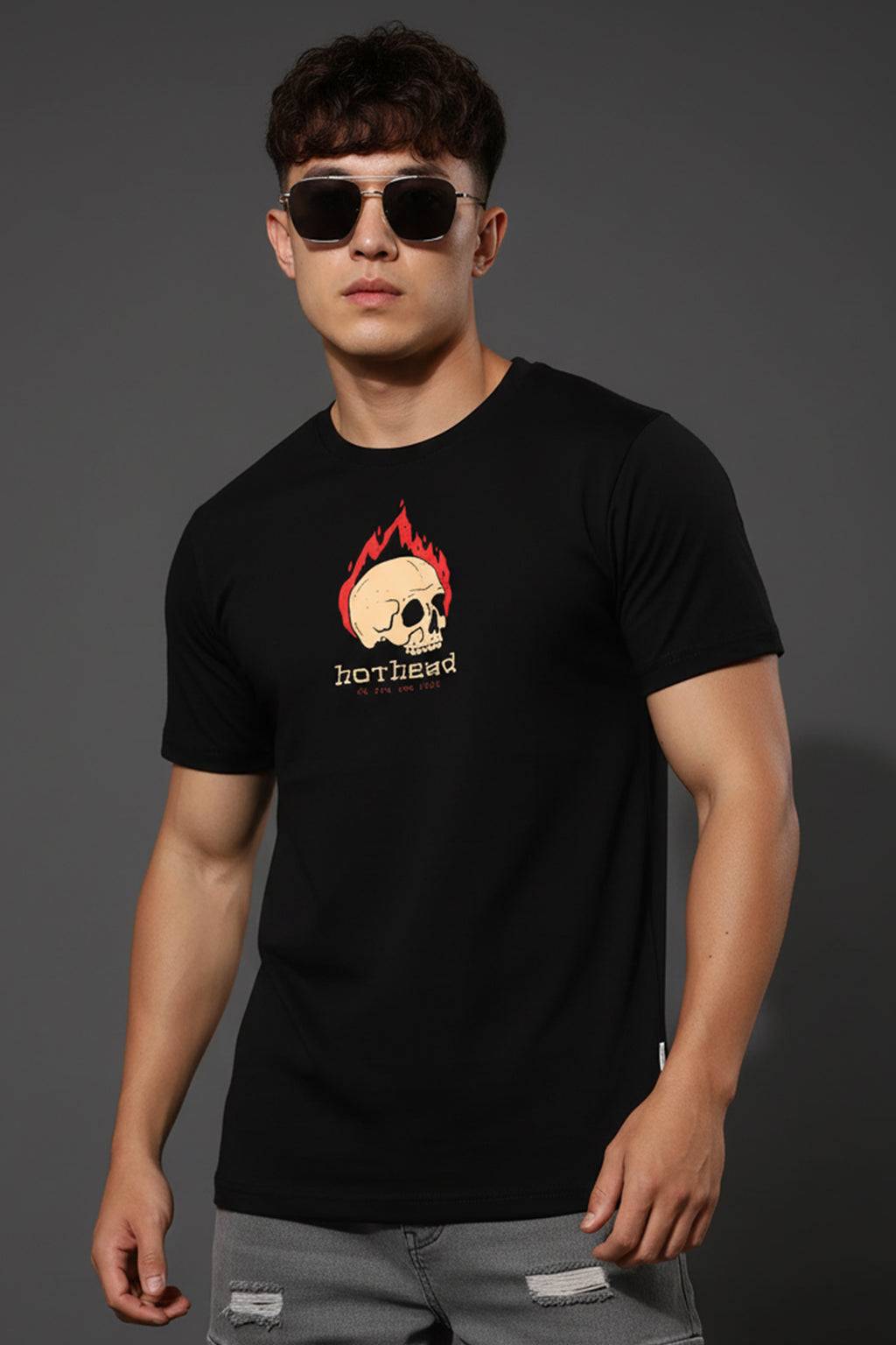 Hot Head Black Regular Fit Printed T-shirt