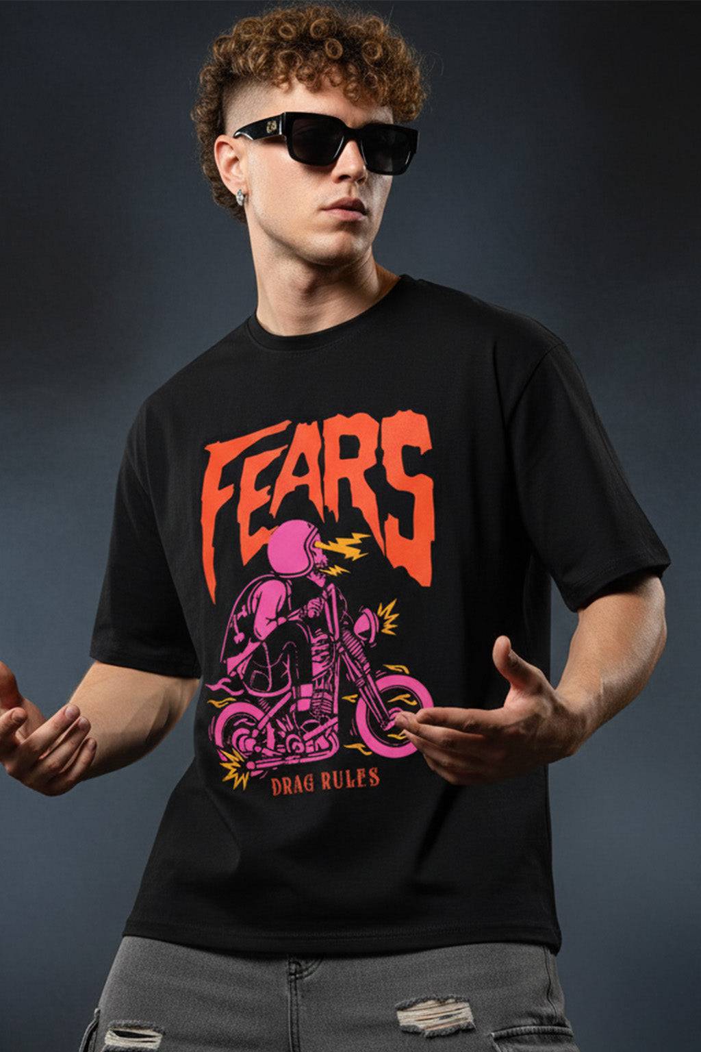 Fears Black Oversized Graphic Printed T-shirt