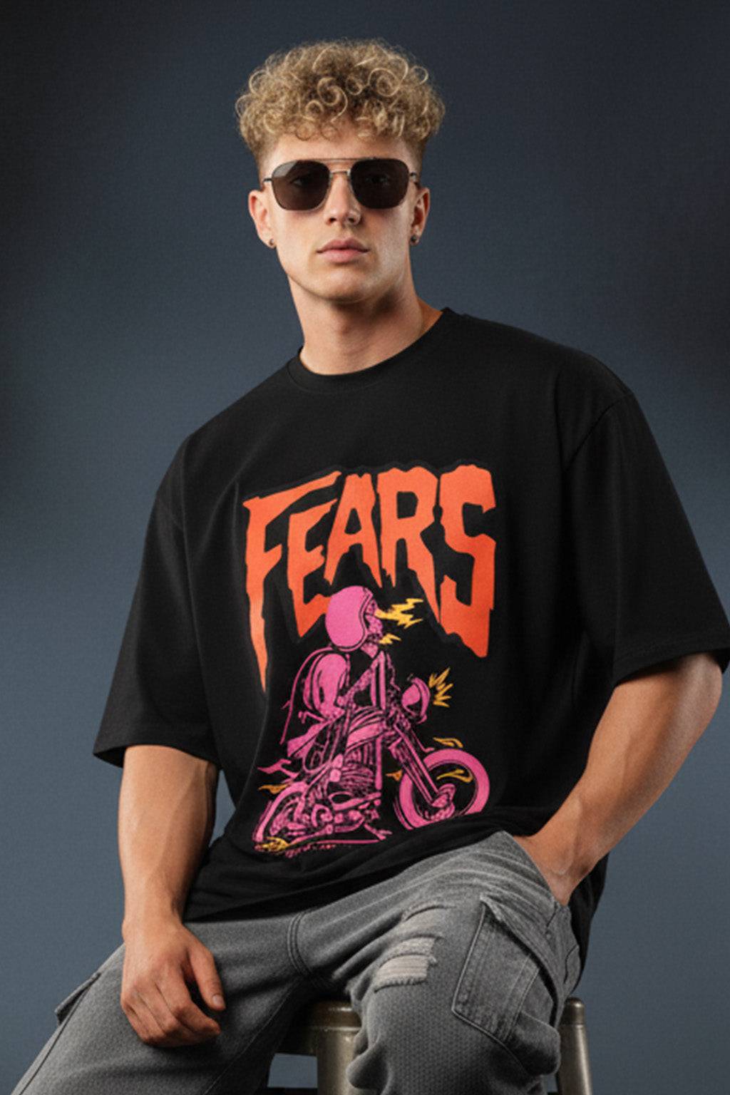 Fears Black Oversized Graphic Printed T-shirt